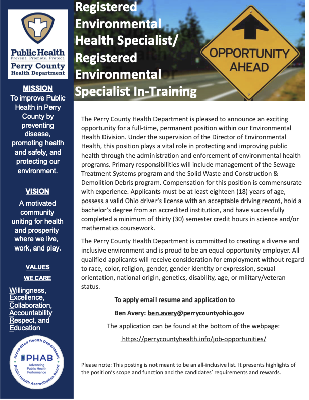 Job posting flyer for the Registered Environmental Health Specialist / In-Training position. The full text appears above.