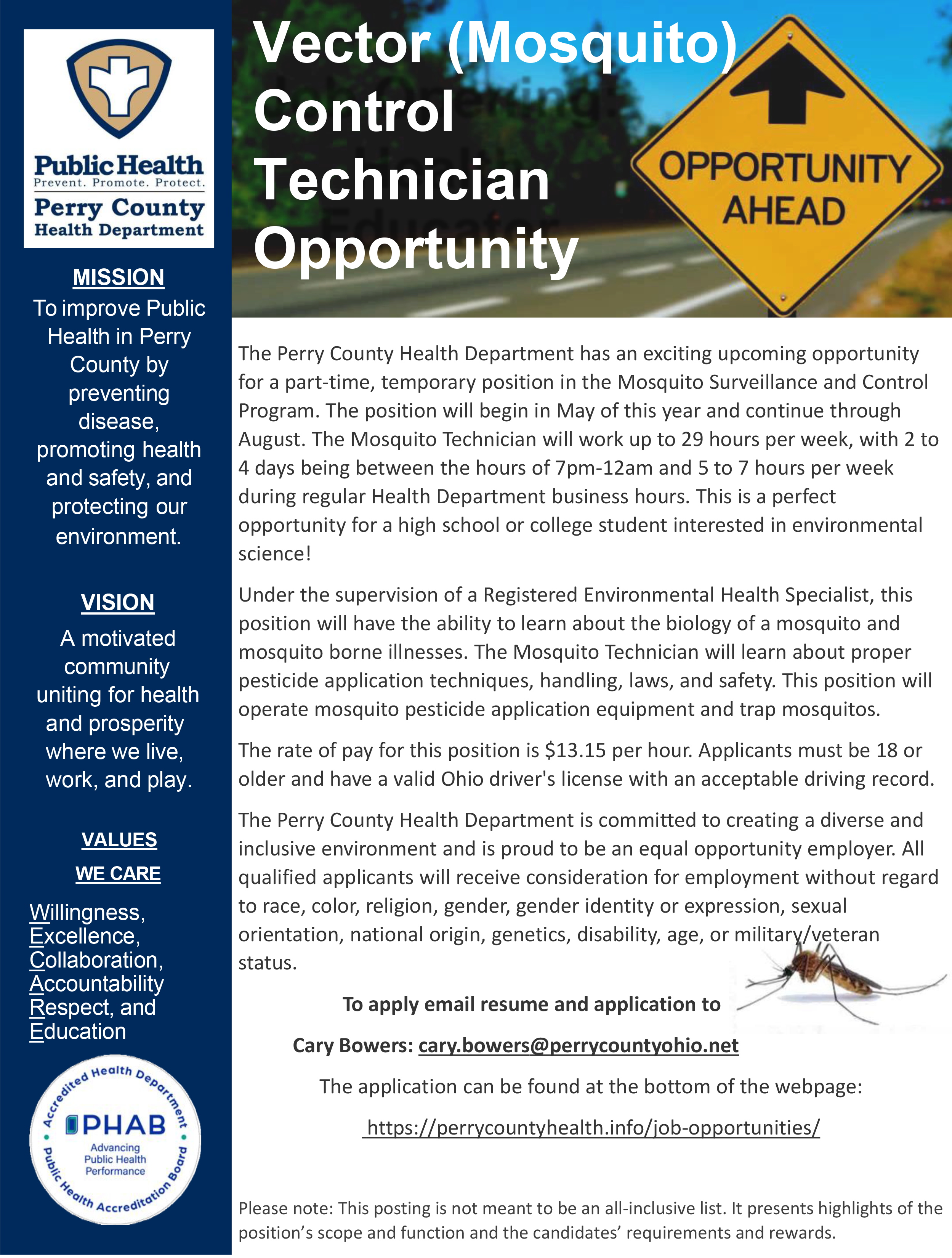 Job Opening: Vector (Mosquito) Control Technician Opportunity ad